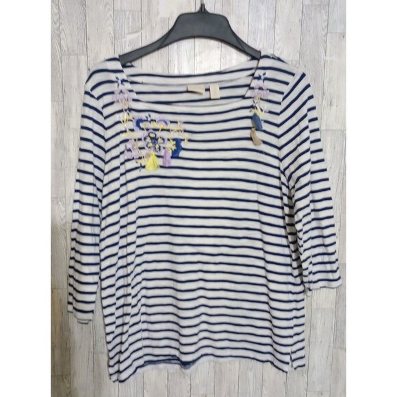Chico's Tops - Chico's Too Floral Embroidered Stripe Tassel 3/4 Sleeve Size Medium